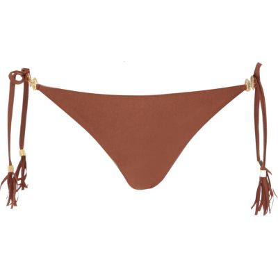 Brown filigree tie side bikini bottoms